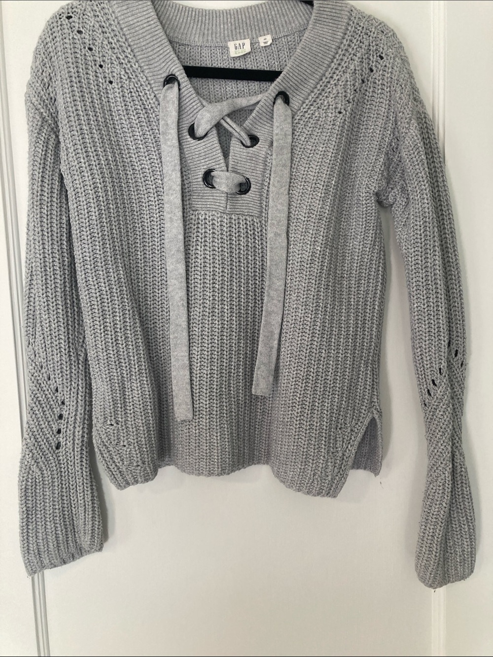 GAP Light Gray Lace-Up V-Neck Knit Sweater